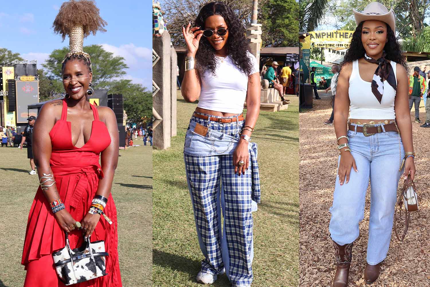 (L-R) Nomthandazo Sibeko brought her fire with her stylish orange long dress. She paired it with an animal print dress. Her hairstyle complemented the whole look. Ziyanda Dladla opted for designed jeans and a white top.  Nontsikelelo Tsabedze defined style and looked stunning in her cowboy look, she paired her denims with a white vest and an animal print scarf. She completed the whole look with cowboy boots and a hat. 